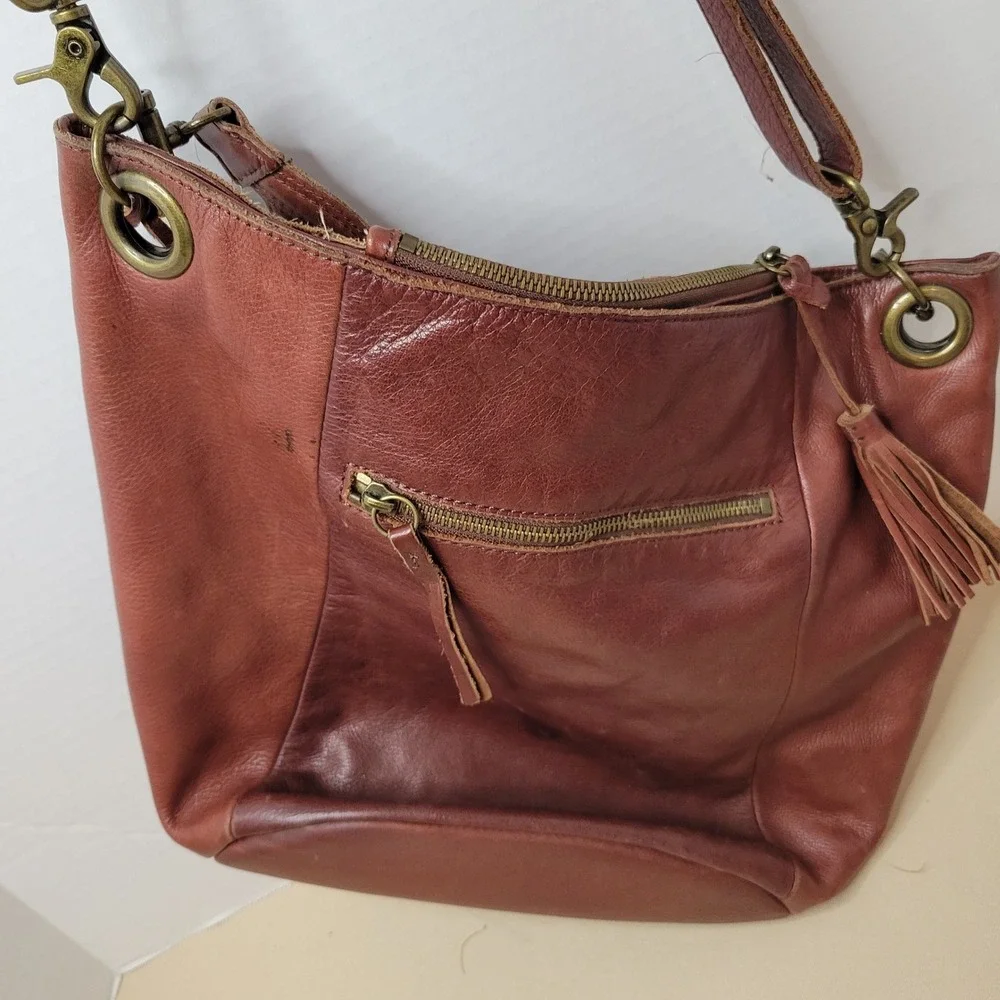 Lucky Brand Brown Leather Hobo Bag Braided Handle Crossbody Cognac Clover Charm